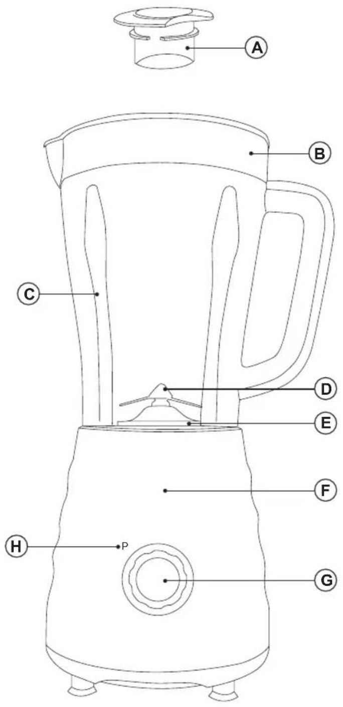 Technical diagram of a blender with labeled parts from A to P, showing internal structure and component positioning.