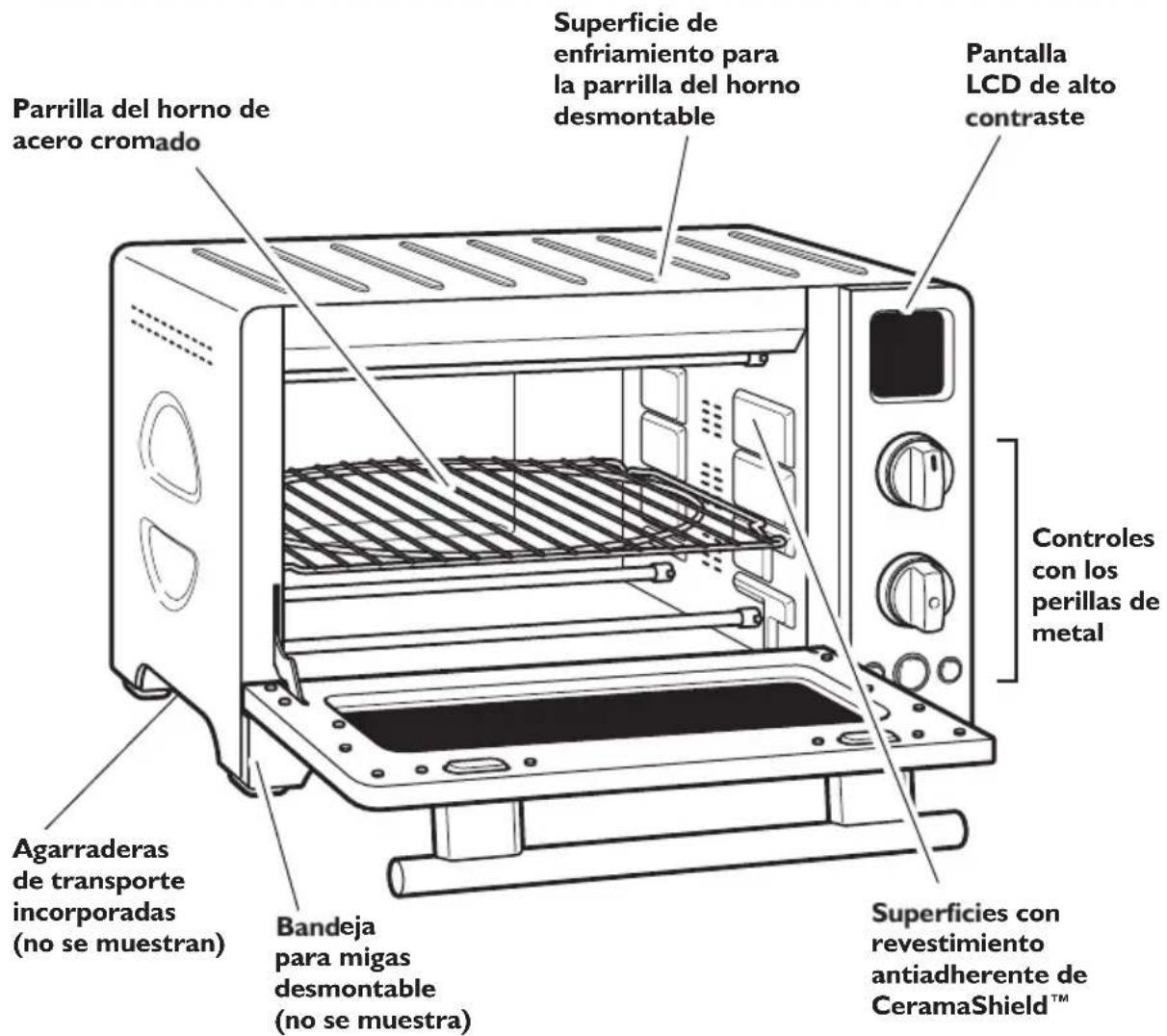 Parrilla del horno de acero cromado Superficie de enfriamiento para la parrilla del horno desmontable Pantalla LCD de alto contraste Controles con los perillas de metal Agarraderas de transporte incorporadas (no se muestran) Bandeja para migas desmontable (no se muestra) Superficies con revestimiento antiadherente de CeramaShield™