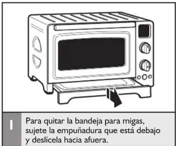 Para quitar la bandeja para migas, sujete la empuñadura que está debajo y deslícela hacia afuera.