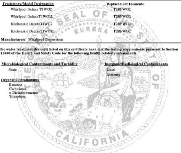 KITCHENAID KBBR306EPA - WATER FILTER CERTIFICATIONS - 2