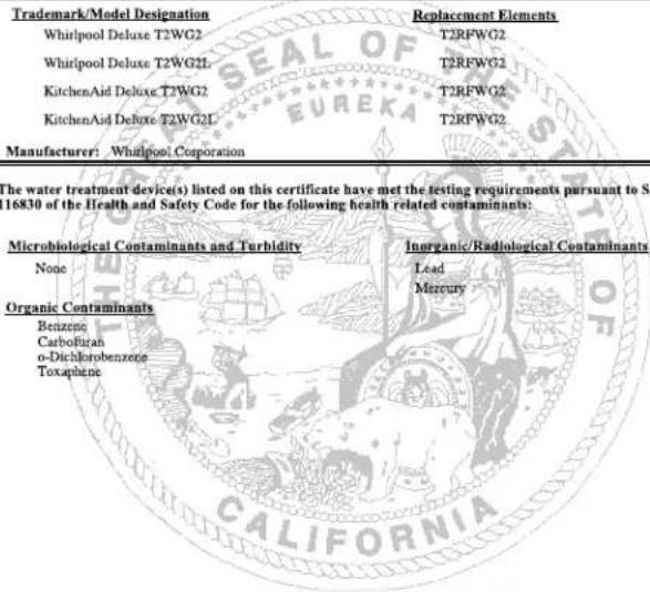 KITCHENAID KBBR306EPA - WATER FILTER CERTIFICATIONS - 1