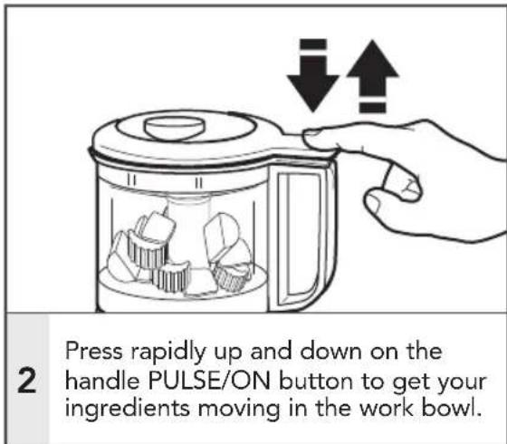 Press rapidly up and down on the handle PULSE/ON button to get your ingredients moving in the work bowl.