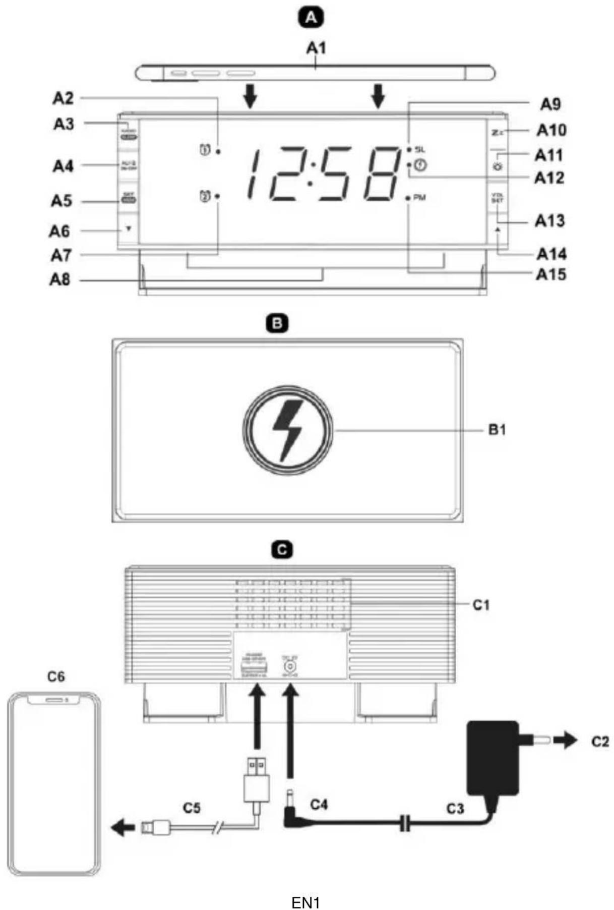 TECHNOLINE WT 487 - LED Clock Radio with Wireless Charging, Mood Light and USB Charging Port - 1