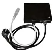 Black electronic device with coiled cable and power plug (no visible text or symbols)