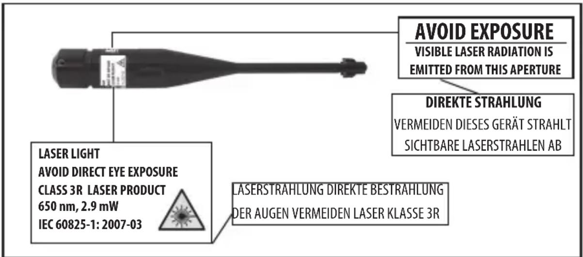 AVOID EXPOSURE VISIBLE LASER RADIATION IS EMITTED FROM THIS APERTURE DIREKTE STRAHLUNG VERMEIDEN DIESES GERÄT STRAHLT SICHTBARE LASERSTRAHLEN AB LASER LIGHT AVOID DIRECT EYE EXPOSURE CLASS 3R LASER PRODUCT 650 nm, 2.9 mW IEC 60825-1: 2007-03 LASERSTRAHLUNG DIREKTE BESTRAHLUNG DER AUGEN VERMEIDEN LASER KLASSE 3R