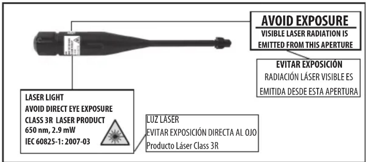 AVOID EXPOSURE VISIBLE LASER RADIATION IS EMITTED FROM THIS APERTURE EVITAR EXPOSICIÓN RADIACIÓN LÁSER VISIBLE ES EMITIDA DESDE ESTA APERTURA LASER LIGHT AVOID DIRECT EYE EXPOSURE CLASS 3R LASER PRODUCT 650 nm, 2.9 mW IEC 60825-1: 2007-03 LUZ LASER EVITAR EXPOSICIÓN DIRECTA AL OJO Producto Láser Class 3R
