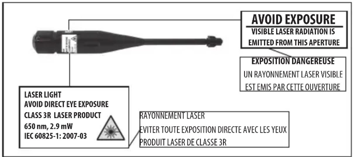 AVOID EXPOSURE VISIBLE LASER RADIATION IS EMITTED FROM THIS APERTURE EXPOSITION DANGEREUSE UN RAYONNEMENT LASER VISIBLE EST EMIS PAR CETTE OUVERTURE LASER LIGHT AVOID DIRECT EYE EXPOSURE CLASS 3R LASER PRODUCT 650 nm, 2.9 mW IEC 60825-1: 2007-03 RAYONNEMENT LASER EVITER TOUTE EXPOSITION DIRECTE AVEC LES YEUX PRODUIT LASER DE CLASSE 3R