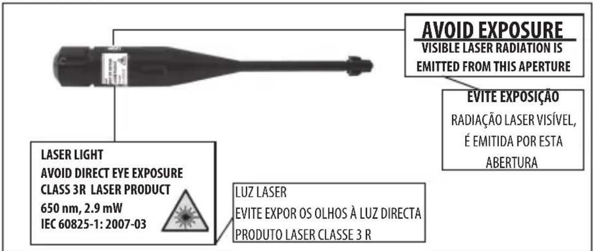 AVOID EXPOSURE VISIBLE LASER RADIATION IS EMITTED FROM THIS APERTURE EVITE EXPOSIÇÃO RADIAÇÃO LASER VISÍVEL, É EMITIDA POR ESTA ABERTURA LASER LIGHT AVOID DIRECT EYE EXPOSURE CLASS 3R LASER PRODUCT 650 nm, 2.9 mW IEC 60825-1: 2007-03 LUZ LASER EVITE EXPOR OS OLHOS À LUZ DIRECTA PRODUTO LASER CLASSE 3 R