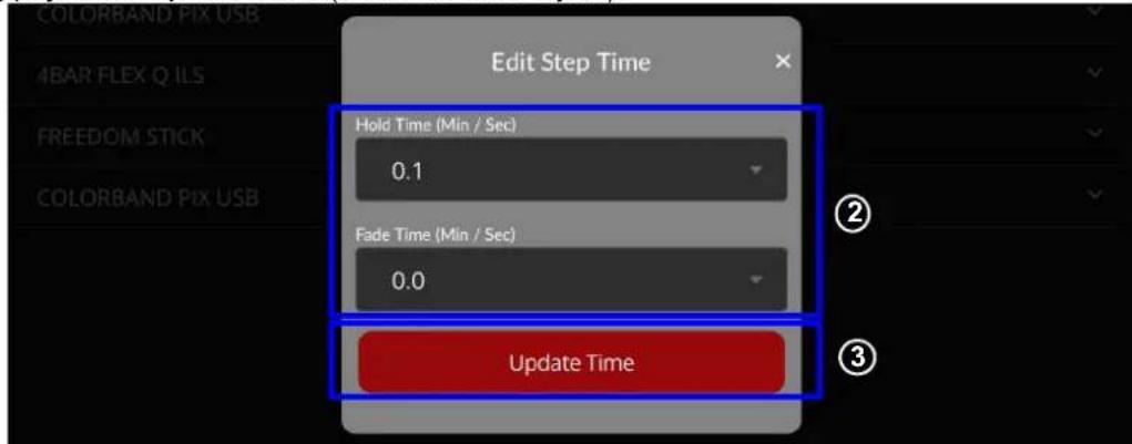 ColorBand Pix USB 4BAR FLEX Q ILS FREEDOM STICK COLORBAND Pix USB Edit Step Time Hold Time (Min / Sec) 0.1 Fade Time (Min / Sec) 0.0 Update Time ② ③