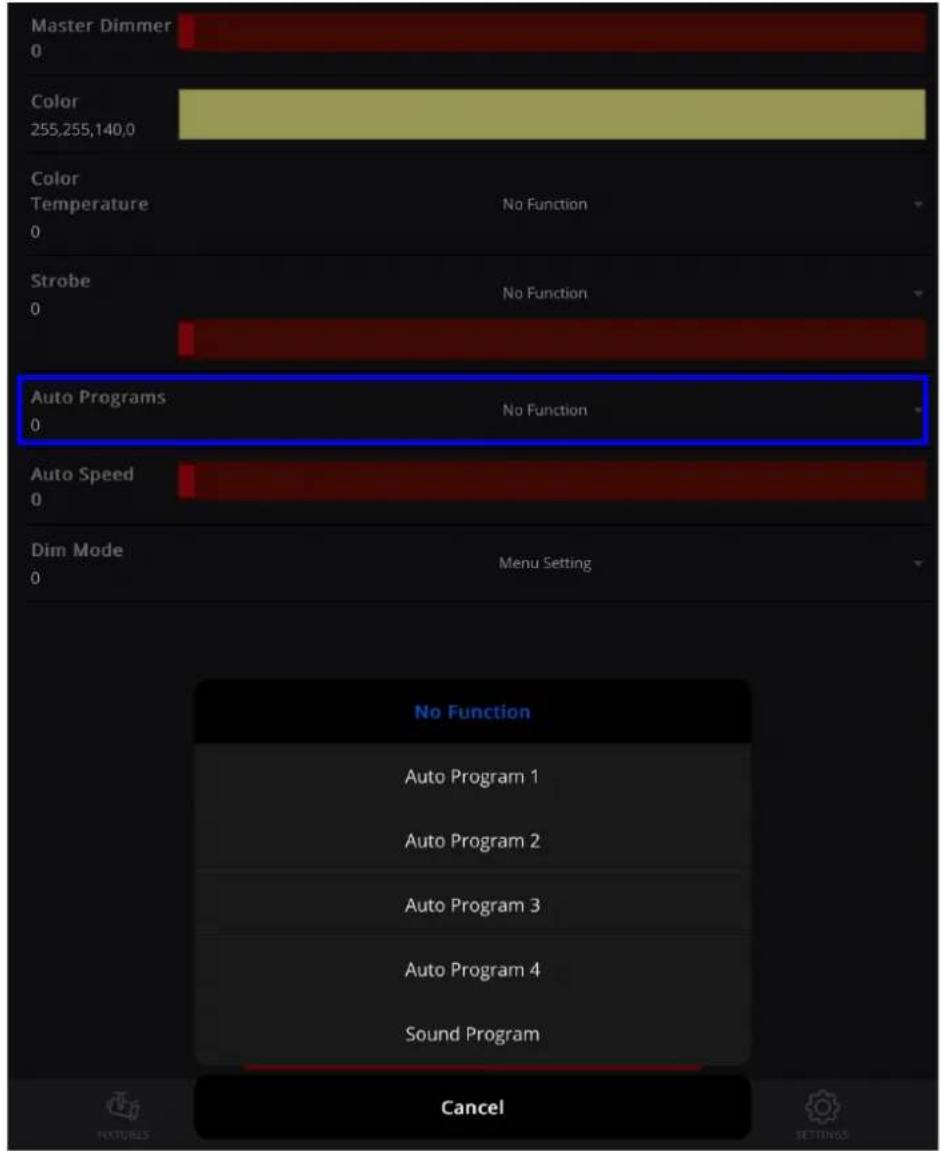 Master Dimmer 0 Color 255,255,140,0 Color Temperature No Function Strobe 0 Auto Programs 0 Auto Speed 0 Dim Mode 0 Menu Setting No Function Auto Program 1 Auto Program 2 Auto Program 3 Auto Program 4 Sound Program Cancel