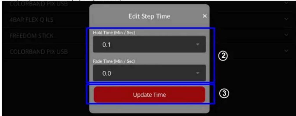 ColorBand Pix USB 4BAR FLEX Q ILS Edit Step Time Hold Time (Min / Sec) 0.1 Fade Time (Min / Sec) 0.0 Update Time ② ③