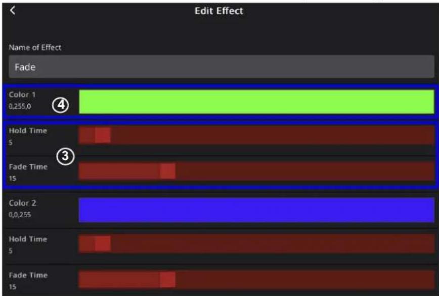 Edit Effect Name of Effect Fade Color 1 0,255,0 Hold Time 5 Fade Time 15 Color 2 0,0,255 Hold Time 5 Fade Time 15
