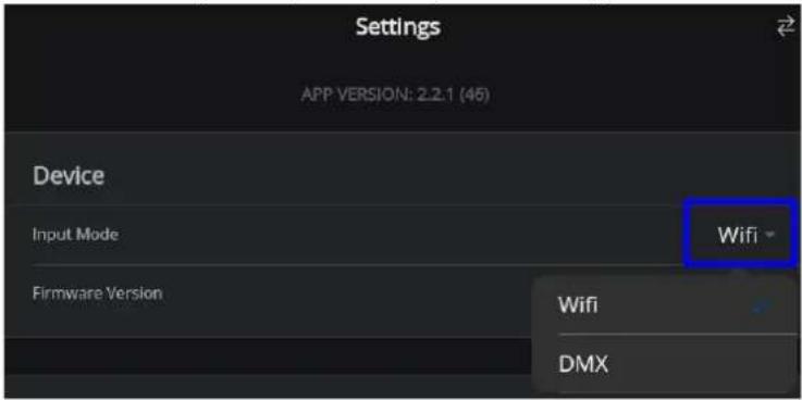 Settings APP VERSION: 2.2.1 (46) Device Input Mode Firmware Version Wifi DMX