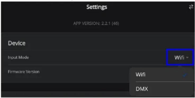 Settings APP VERSION: 2.2.1 (46) Device Input Mode Firmware Version Wifi DMX
