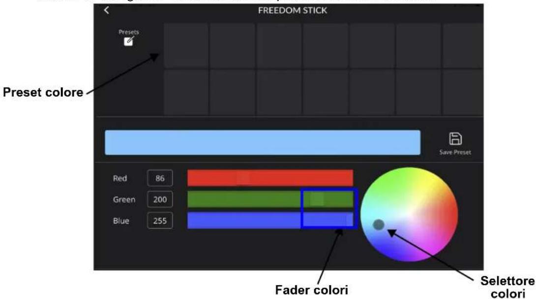 FREEDOM STICK Presets Preset colore Save Preset Red 86 Green 200 Blue 255 Fader colori Selettore colori