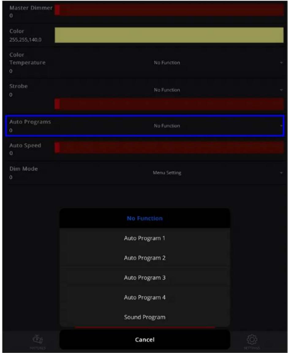 Master Dimmer 0 Color 255,255,140,0 Color Temperature No Function Strobe 0 Auto Programs 0 Auto Speed 0 Dim Mode 0 Menu Setting No Function Auto Program 1 Auto Program 2 Auto Program 3 Auto Program 4 Sound Program Cancel