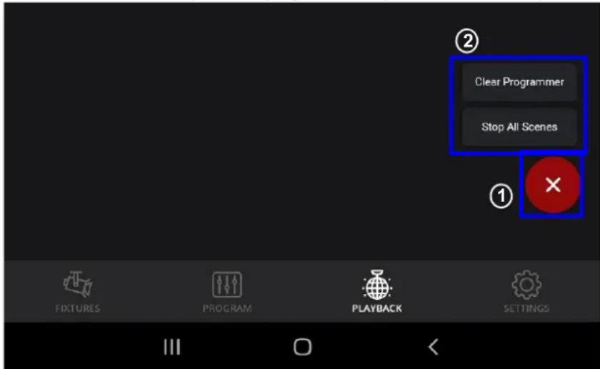 Clear Programmer Stop All Scenes ① FIXTURES PROGRAM PLAYBACK SETTINGS
