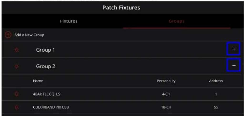 Patch Fixtures Fixtures Groups Add a New Group Group 1 Group 2 Name Personality Address 4BAR FLEX Q ILS 4-CH 1 COLORBAND PIX USB 18-CH 55