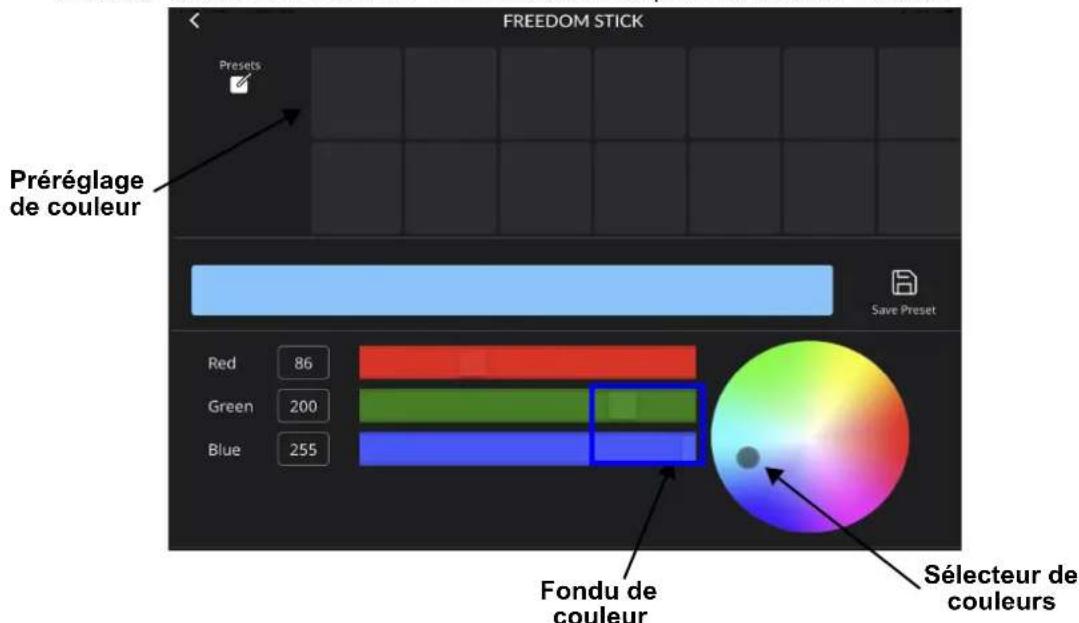 FREEDOM STICK Presets Préréglage de couleur Save Preset Red 86 Green 200 Blue 255 Fondu de couleur Sélecteur de couleurs
