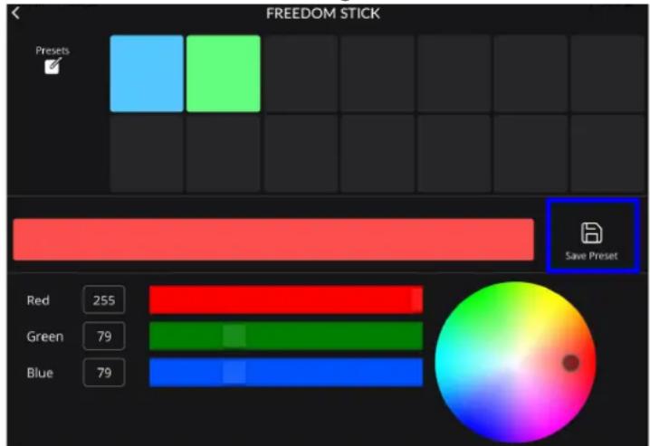 FREEDOM STICK Presets Red 255 Green 79 Blue 79 Save Preset