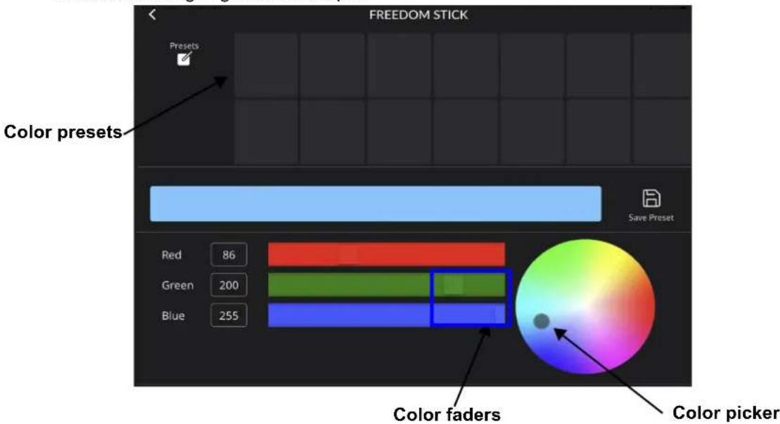 FREEDOM STICK Presets Color presets Save Preset Red 86 Green 200 Blue 255 Color faders Color picker