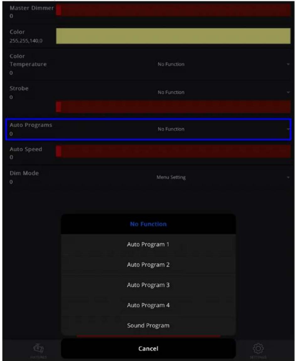 Master Dimmer 0 Color 255.255,140,0 Color Temperature No Function Strobe 0 Auto Programs 0 Auto Speed 0 Dim Mode 0 Menu Setting No Function Auto Program 1 Auto Program 2 Auto Program 3 Auto Program 4 Sound Program Cancel