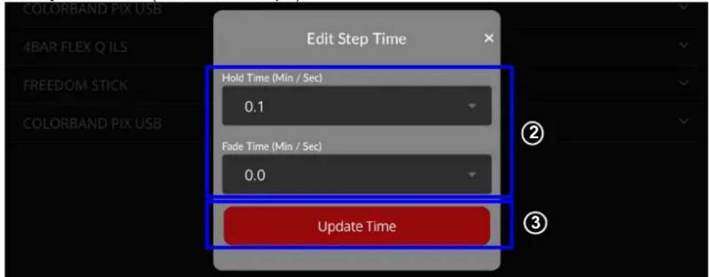 ColorBand Pix USB 4BAR FLEX Q ILS FREEDOM STICK COLORBAND Pix USB Edit Step Time Hold Time (Min / Sec) 0.1 Fade Time (Min / Sec) 0.0 Update Time ② ③