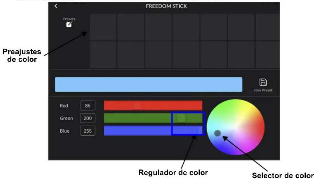 FREEDOM STICK Presets Preajustes de color Red 86 Green 200 Blue 255 Regulador de color Selector de color Save Preset