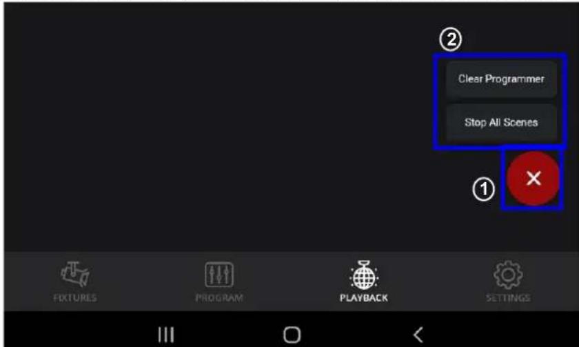 Clear Programmer Stop All Scenes ① ② FIXTURES PROGRAM PLAYBACK SETTINGS
