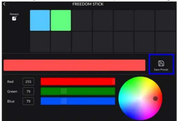 FREEDOM STICK Presets Red 255 Green 79 Blue 79 Save Preset