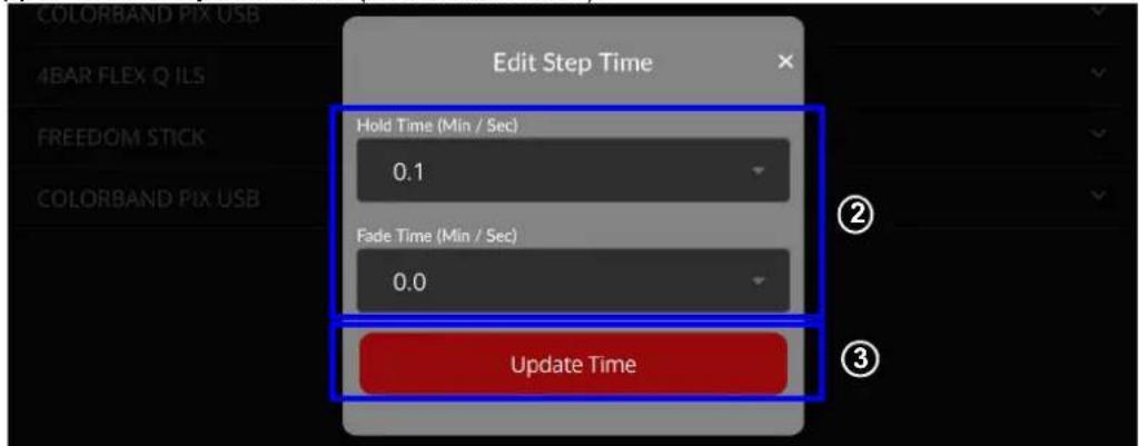 ColorBand Pix USB 4BAR FLEX Q JLS Edit Step Time Hold Time (Min / Sec) 0.1 Fade Time (Min / Sec) 0.0 Update Time ② ③