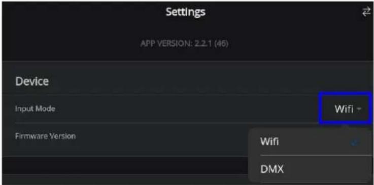 Settings APP VERSION: 2.2.1 (46) Device Input Mode Firmware Version Wifi DMX