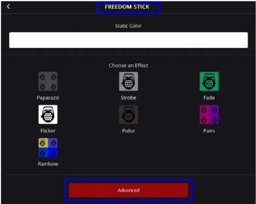 FREEDOM STICK Static Color Choose an Effect Paparazzi Strobe Fade Flicker Pulse Pairs Rainbow Advanced