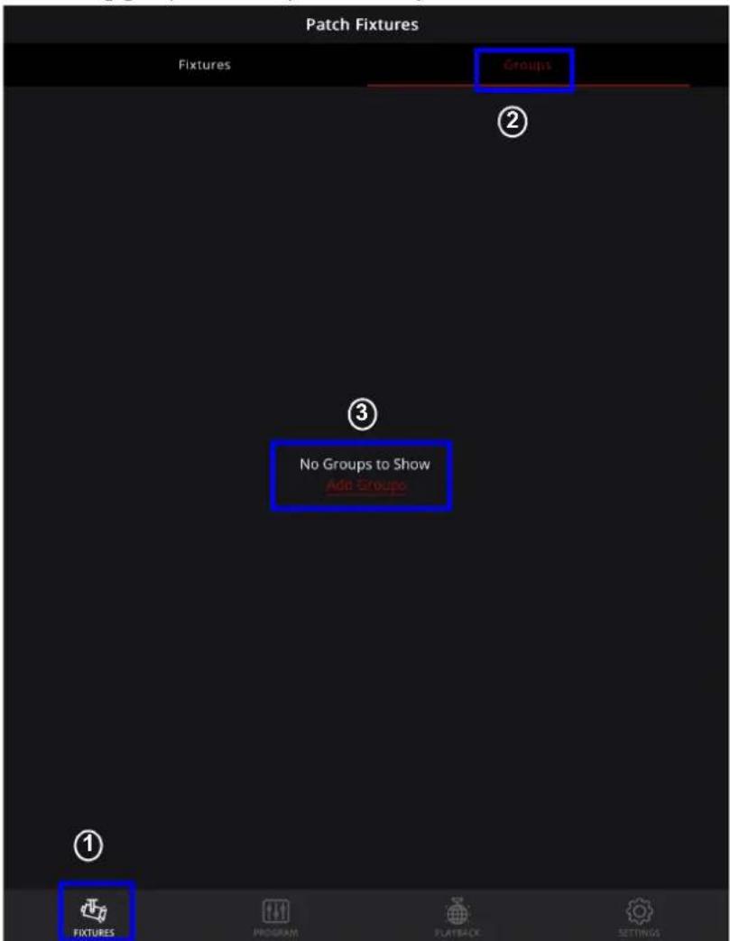 Patch Fixtures Fixtures Groups ② ③ No Groups to Show Add Groups ① FIXTURES PROGRAM PLAYBACK SETTINGS