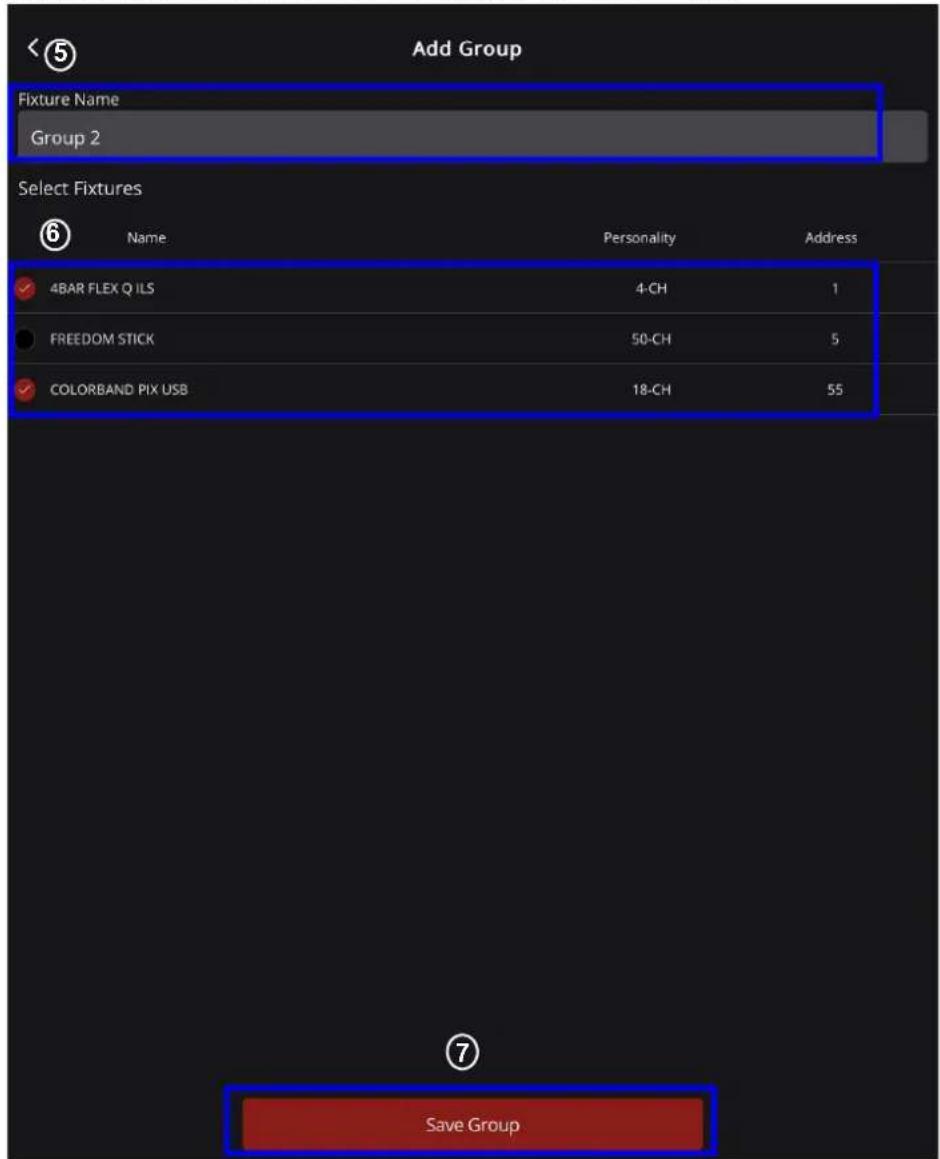 Add Group Fixture Name Group 2 Select Fixtures ⑥ Name Personality Address ✓ 4BAR FLEX Q ILS 4-CH 1 ● FREEDOM STICK 50-CH 5 ✓ COLORBAND PIX USB 18-CH 55 Save Group
