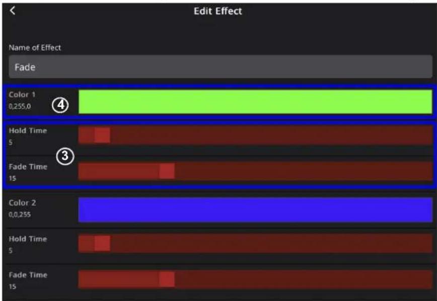 Edit Effect Name of Effect Fade Color 1 0,255,0 Hold Time 5 Fade Time 15 Color 2 0,0,255 Hold Time 5 Fade Time 15