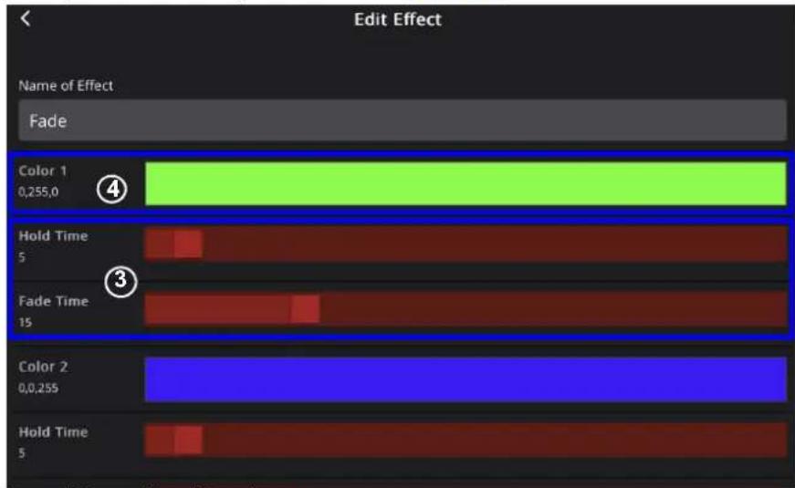 Edit Effect Name of Effect Fade Color 1 0,255,0 Hold Time 5 Fade Time 15 Color 2 0,0,255 Hold Time 5