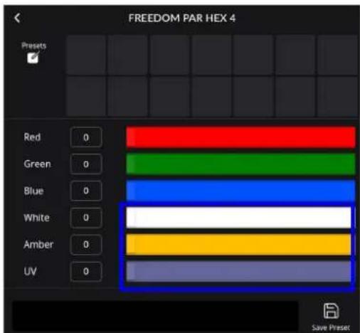 FREEDOM PAR HEX 4 Presets Red 0 Green 0 Blue 0 White 0 Amber 0 UV 0 Save Preset