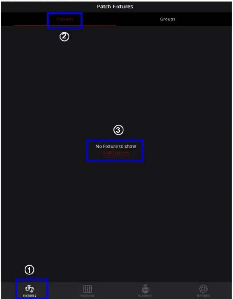 Patch Fixtures Fixtures Groups ② ③ No Fixture to show All Fixtures ① FIXTURES PROGRAM FLASHBOX SETTERUS