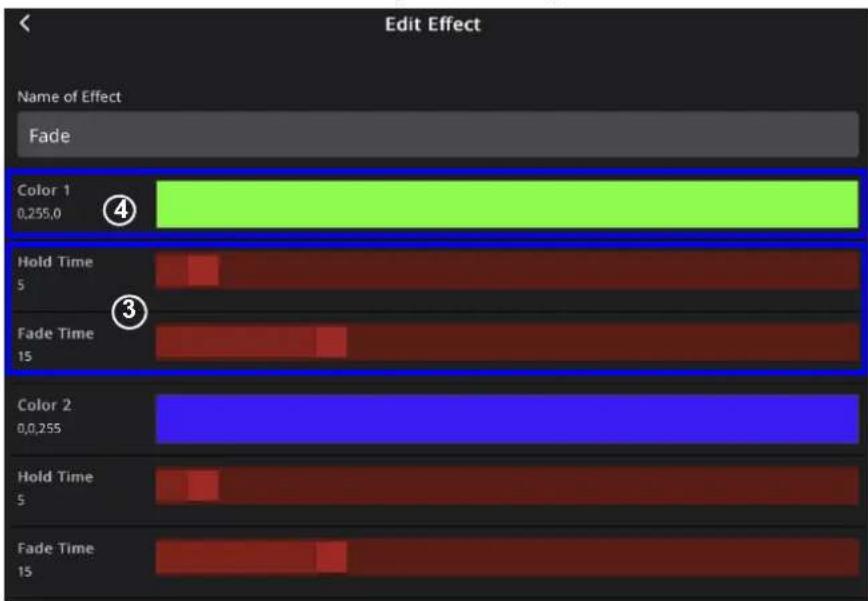 Edit Effect Name of Effect Fade Color 1 0.255,0 Hold Time 5 Fade Time 15 Color 2 0.0,255 Hold Time 5 Fade Time 15
