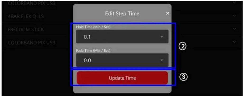 ColorBand Pix USB 4BAR FLEX Q ILS FREEDOM STICK COLORBAND PIX USB Edit Step Time Hold Time (Min / Sec) 0.1 Fade Time (Min / Sec) 0.0 Update Time ② ③