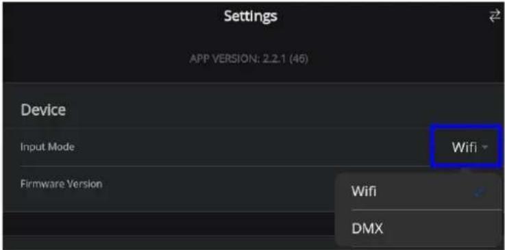 Settings APP VERSION: 2.2.1 (46) Device Input Mode Firmware Version Wifi DMX
