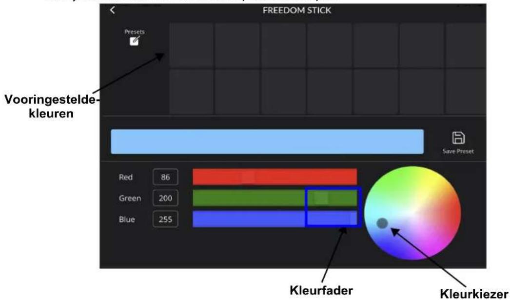 FREEDOM STICK Presets Vooringestelde- kleuren Red 86 Green 200 Blue 255 Save Preset Kleurfader Kleurkiezer
