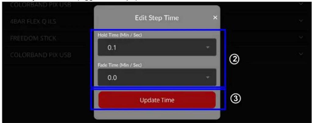ColorBand Pix USB 4BAR FLEX Q ILS FREEDOM STICK COLORBAND PIX USB Edit Step Time Hold Time (Min / Sec) 0.1 Fade Time (Min / Sec) 0.0 Update Time ② ③