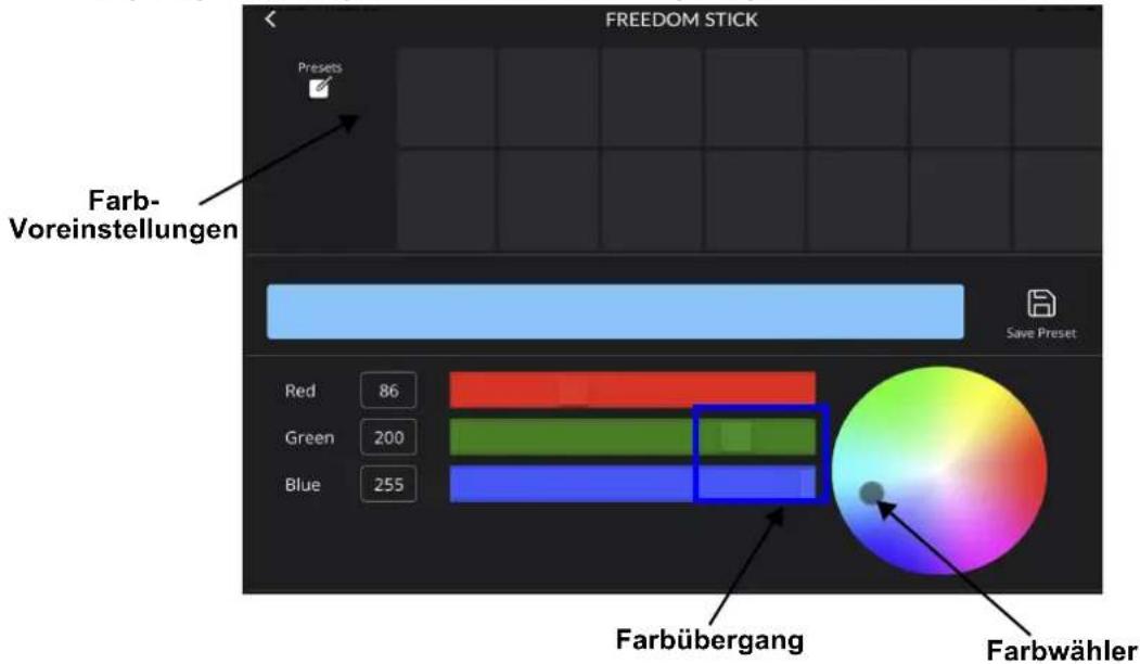 FREEDOM STICK Presets Farb- Voreinstellungen Save Preset Red 86 Green 200 Blue 255 Farbübergang Farbwähler