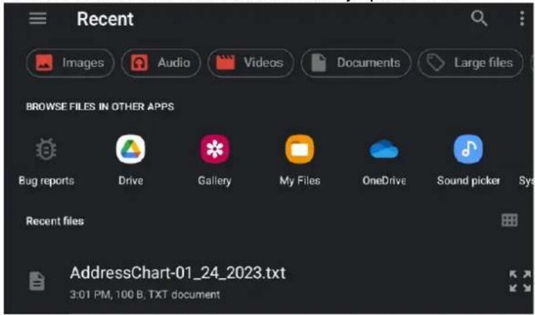 Recent Images Audio Videos Documents Large files BROWSE FILES IN OTHER APPS Bug reports Drive Gallery My Files OneDrive Sound picker Sys Recent files AddressChart-01_24_2023.txt 3:01 PM, 100 B, TXT document