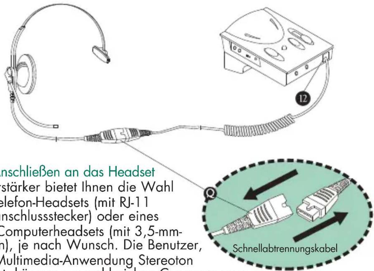 inschließen an das Headset stärker bietet Ihnen die Wahl elefon-Headsets (mit RJ-11 nschlussstecker) oder eines Computerheadsets (mit 3,5-mm- m), je nach Wunsch. Die Benutzer, Multimedia-Anwendung Stereoton Schnellabtrennungskabel