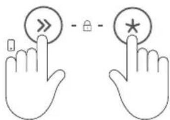 Diagram showing two hand icons with directional arrows and a lock symbol, likely illustrating finger movement or navigation instructions.