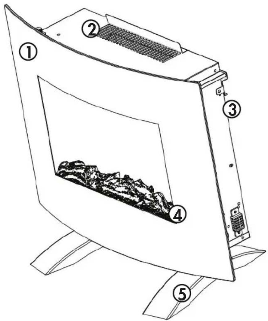 Technical diagram of a portable stove with labeled components including air vent, grating, and electrical switch.