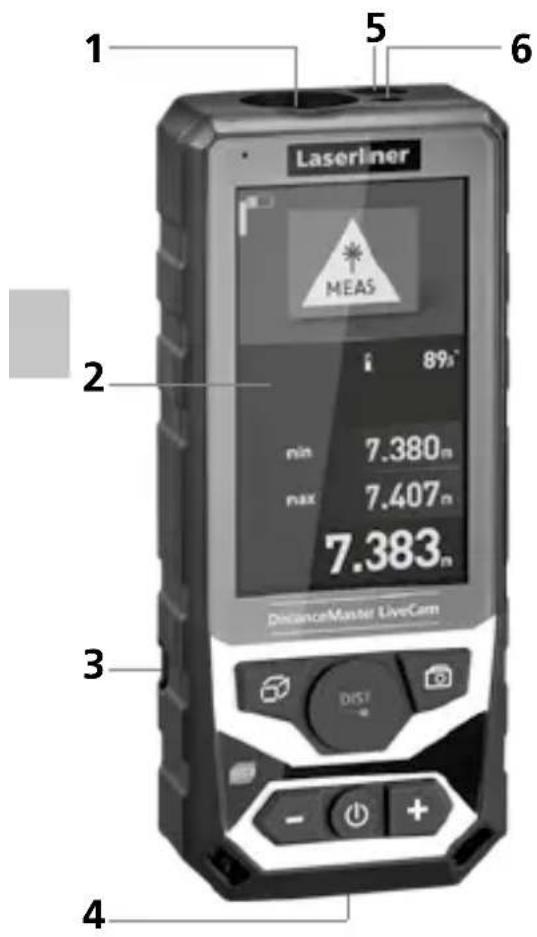 1 Laserliner MEAS 2 89° min 7.380m max 7.407m 7.383m 3 DIST - + 4 6